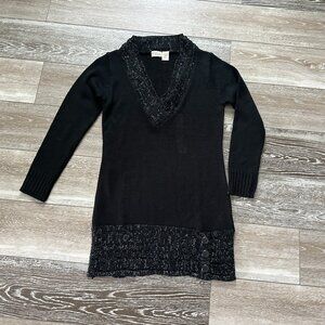 Allison Brittney Sz L Vintage Black Sweater Dress w Metallic Silver Details